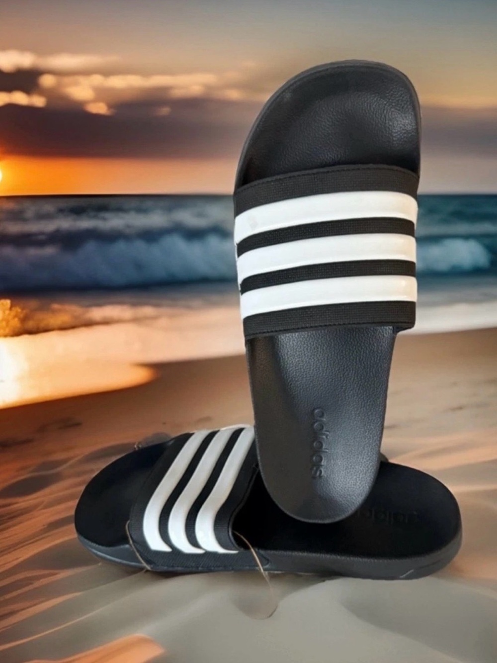 Adidas Men’s Size 10 Adilette Shower Slide Sandals. Black/White stripes. NWT